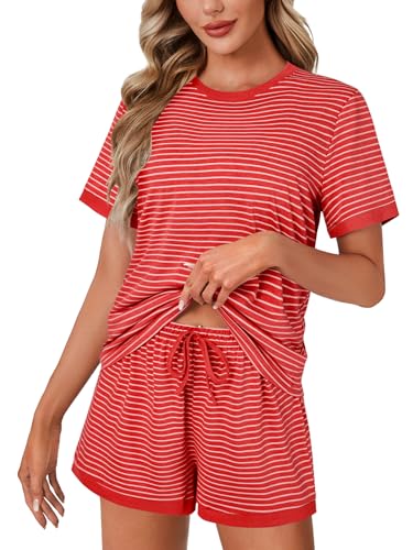 Image of LYANER Pajama Set for Women 2 Piece Lounge Set Striped Crew neck Short Sleeve Tops and Shorts Soft Sleepwear