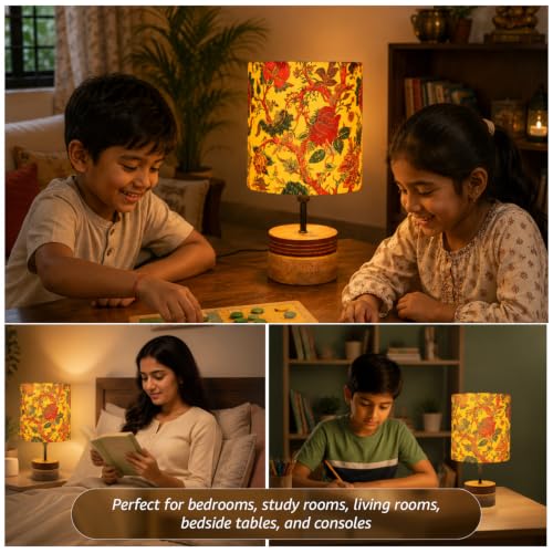 Image of Amazon Basics Phulwari Marigold Table Lamp | Hand-Painted Mango Wood Base with Printed Polyester Shade | E14 Holder | Decorative Night Lamp for Bedroom, Living Room & Study Room | Home Decor Gift