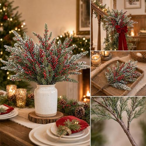 4 PCS Artificial Cedar Branches w/ Red Berries Christmas Picks and Sprays - image 5