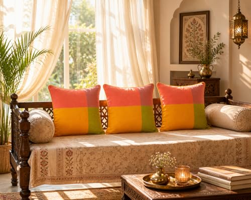 Image of RANGBHAR Handloom 100% Cotton Cushion Cover Set of 3 | Cushion with All-Around Piping for Premium Finish | 16x16 Inches Hand Woven Striped Cushion Covers - Yellow