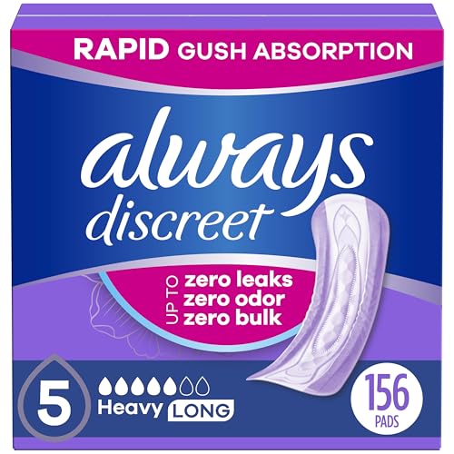 Image of Always Discreet Adult Incontinence Pads for Women, Heavy Absorbency, Long Length, Postpartum Pads, 156 Count (4 Packs of 39)