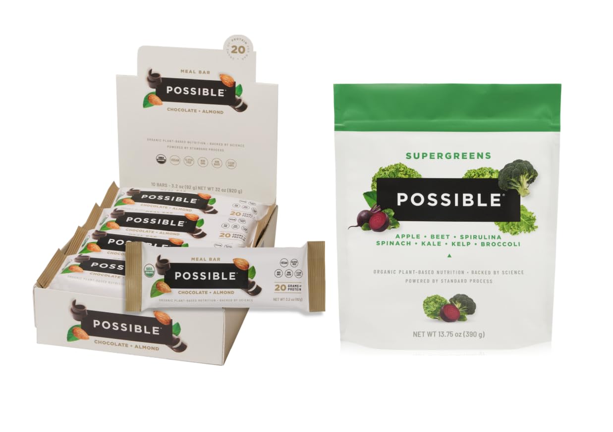 POSSIBLE Performance Bundle - High Protein Meal Bars & SuperGreens Powder Mix, Vegan, Organic, Plant-Based Nutrition