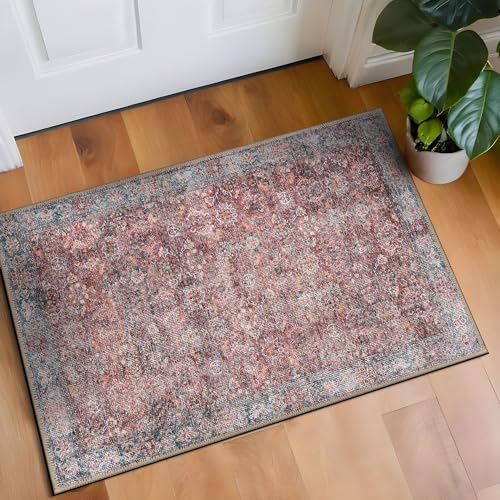 Rugshop Multi Transitional Vintage Bordered Accent Rug — Machine Washable, 2'x3' for Entryway, Kitchen and Bathroom