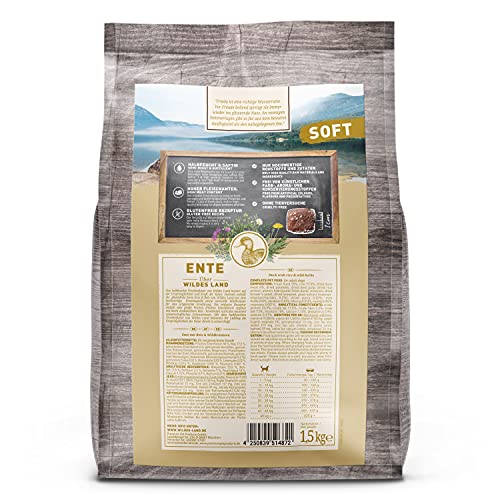 Wildes Land - Halbfeuchtes Trockenfutter für Hunde - Ente - 1,5 kg - Soft mit Reis und Wildkräutern - Glutenfrei - Extra viel Fleisch - Für alle Hunderassen - Beste Akzeptanz