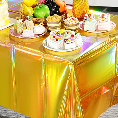 Image of 4 Pack Gold Iridescent Plastic Tablecloths Shiny Disposable Laser Rectangle Table Covers Holographic Foil Tablecloth Iridescent Party Decorations Birthday Bridal Wedding Christmas, 54 x 108 Inch