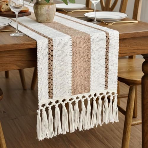 Image of FEXIA Boho Table Runner for Hoilday Spring Home Decor with Tassels 60 Inches Long Pottery barn Furniture Farmhouse Rustic Macrame Burlap Table Decoration for Living Room (12x60 Inches)