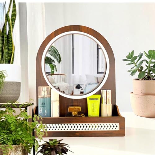Image of 7CR Wooden Wall Mounted Dressing Round Mirror with Storage Shelf, Round, Walnut Brown, 43.5 x 33.4 x 8 cm