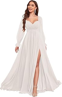 Long Sleeve Bridesmaid Dresses for Women Chiffon Pleated Formal Evening Gowns with Slit - Buy now
