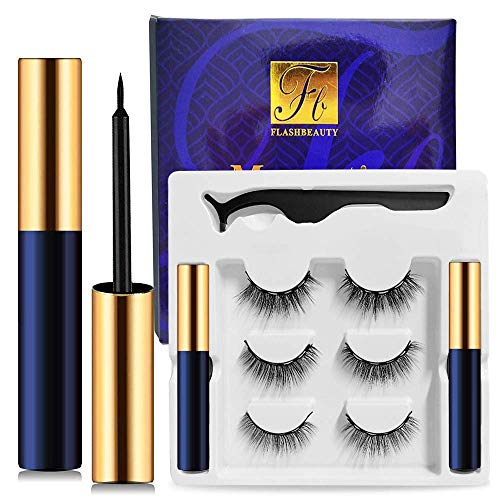 Magnetic Eyelashes with Eyeliner 3 Pairs Reusable Fake Eyelashes No Glue 2 Only Magnetic Eyeliner 3D eyelash sets (Charming Blue)