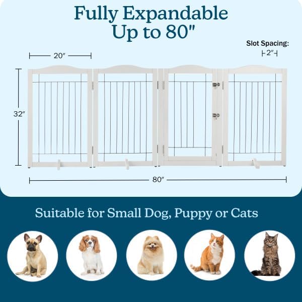 Freestanding Dog Gate - 4-Panel Foldable Indoor Pet Fence with Lockable Door and Support Feet - 80x32in Extra Wide Wood Dog Gate for Stairs, Hallways, or Doorways by PETMAKER (White)