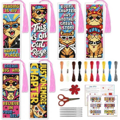 Image of ACRNIGHEET 6PCS Cross Stitch Bookmark Kit for Beginner Cool Cat Stamped Cross Stitch Kits Needlepoint Kit for Adults DIY Tassel Embroidery Bookmark Kits with Instructions Craft Gift 8.5 inchx3 inch 11CT