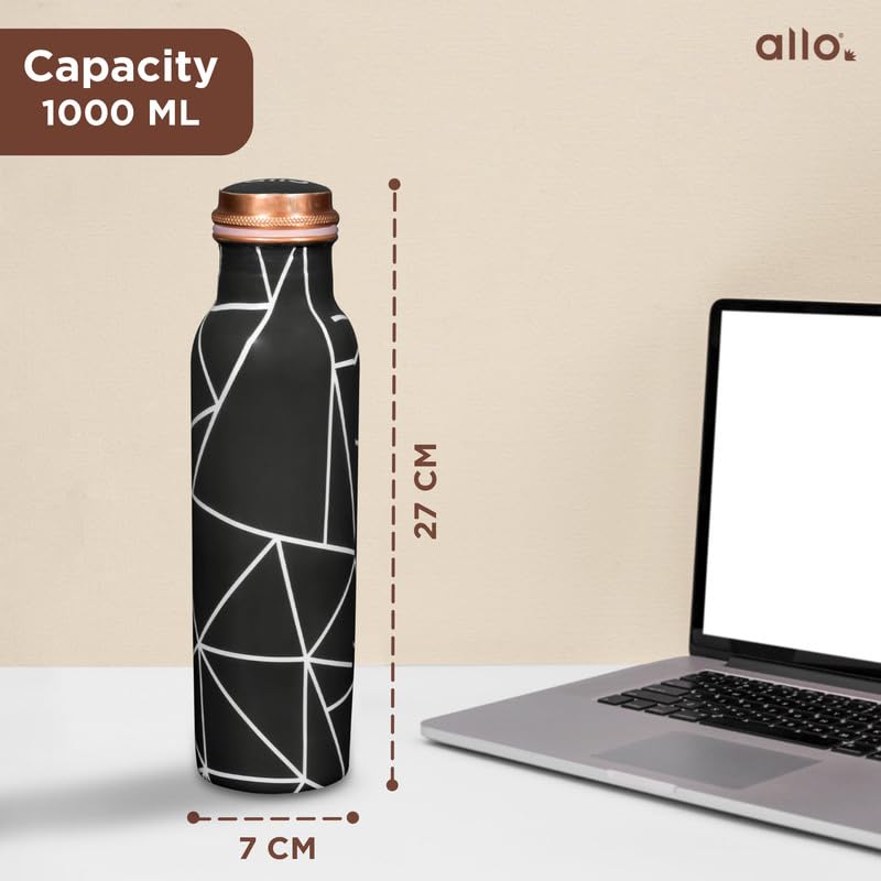 Image of Allo Pure Copper Water Bottle 1 Litre Copper Bottle | Alkaline and Anti Oxidant | 100% Leak Proof, Office, Gym Bottle, Modern Tamba Bottle for Adults, Best Gift for Diwali (Black Abstract Line)