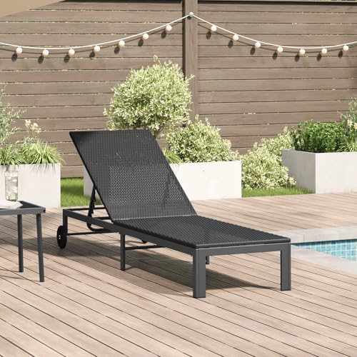 Générique Chaise Longue avec Roues en Poly rotin Noir,Meubles,Mobilier de Jardin,Sièges de Jardin,Bains de Soleil,Noir,13.85 KG,42004129