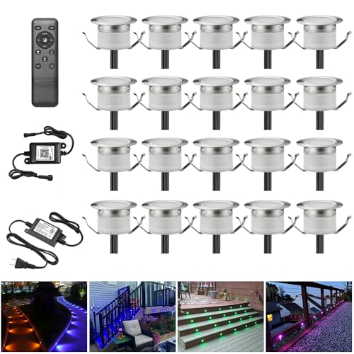 LED Deck Lights Kit, 20pcs Φ 1.22´´ WiFi Wireless Smart Phone Control Low Voltage Recessed RGB Lamp In-ground Lighting Waterproof Outdoor Yard Path Stair Landscape Decor, Fit for Alexa, Google Home