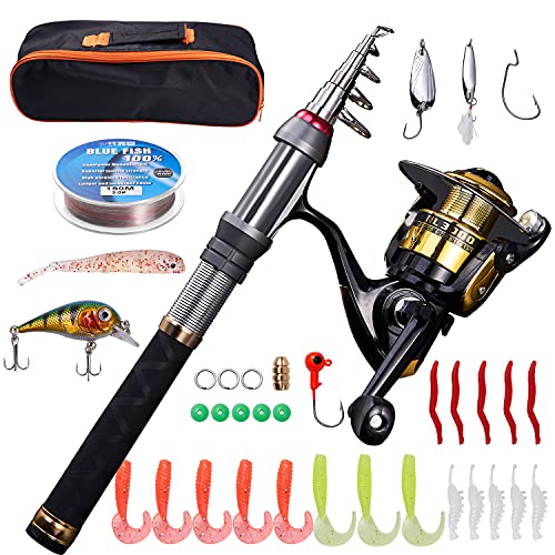 Fishing Pole kit-Telescopic Fishing Rod and Reel Combo with Fishing Line,Fishing Lures kit&Portable Carrier Bag-Collapsible Fishing Rods for Beginner Adults Travel Saltwater Freshwater
