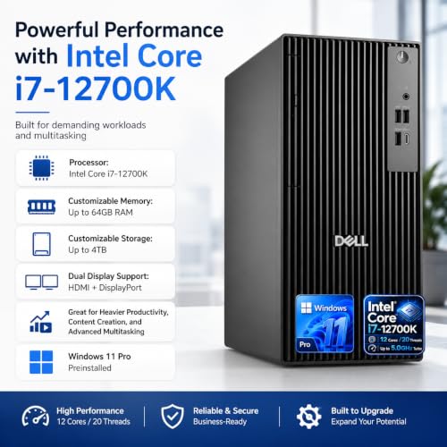 Image of Dell Desktop Tower, Intel Core i7-12700K(12 Cores, 20 Threads) Processor, 16GB DDR5 RAM, 1TB PCIe SSD, Dual 4K Monitor Support (HDMI & DP), Wi-Fi, Bluetooth, USB-C, Windows 11 Pro, Wired KB & Mouse