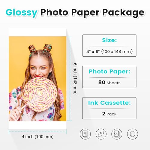 Compatible with Liene Amber M100/M200 4x6\" Photo Printer 80 Sheets Photo Paper & 2 Ink Cartridges Refill, Only for Liene DHP512/DHP513 Printer, Waterproof/Antioxidant/No Fading, for Framing & Memories - Thumbnail 2