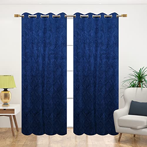 Image of Suede Velvet Embossed Room Darkening Door Curtain for Living Room, Bedroom, Hallway, 8 feet Long, Navy Blue, Set of 1