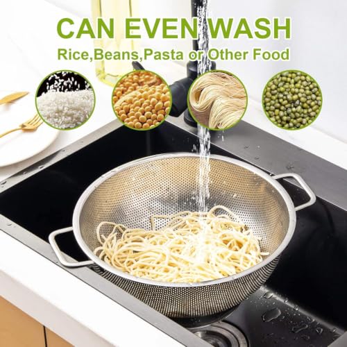 Image of KRESHU Stainless Steel Colander with Handles | Premium Micro-Perforated Kitchen Strainer, Rust-Proof, Fast Draining Basket for Pasta, Vegetables, Fruits & Rice (22.5CM)