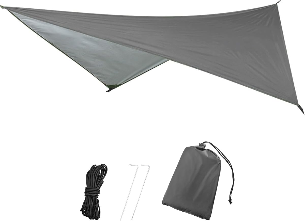 Camping Tarp Waterproof Rain Fly Hammock Shelter for Hiking, Backpacking, Hammock, Beach, Picnic and Other Outdoor Activities - Accessories Included (Grey)