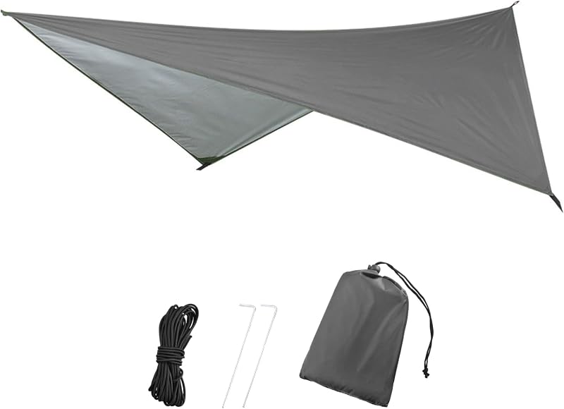 Camping Tarp Waterproof Rain Fly Hammock Shelter for Hiking, Backpacking, Hammock, Beach, Picnic and Other Outdoor Activities - Accessories Included (Grey)