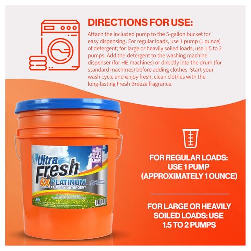 Image of Ultra Fresh 5 Gallon Liquid Laundry Detergent Washing Soap for All Machine Types, 6X Platinum, Up to 640 Loads, Fresh Breeze
