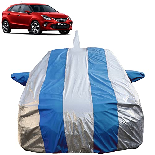 Image of Autofact Waterproof Car Body Cover Compatible with Toyota Glanza with Mirror and Antenna Pockets (Blue Stripes with Shinning Silver Fabric /Waterproof Cover)