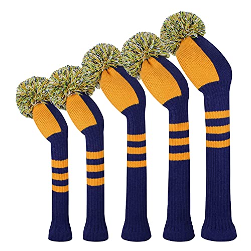 Scott Edward Golf Headcovers 5Pcs for Driver*1 Fairway*2 Hybrid*2,Knitted Elastic Yarn Double Layers Big Pom Protect Golf Club from Scracthes and Dust(Yellow Blue)
