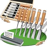 PUREWERK® Stechbeitel Set für Holz [6 Größen] - Beitelset mit 6 geschärften Stemmeisen aus CrV-Stahl - Werkzeug zur Holzbearbeitung inkl. Box & Schleifsteine