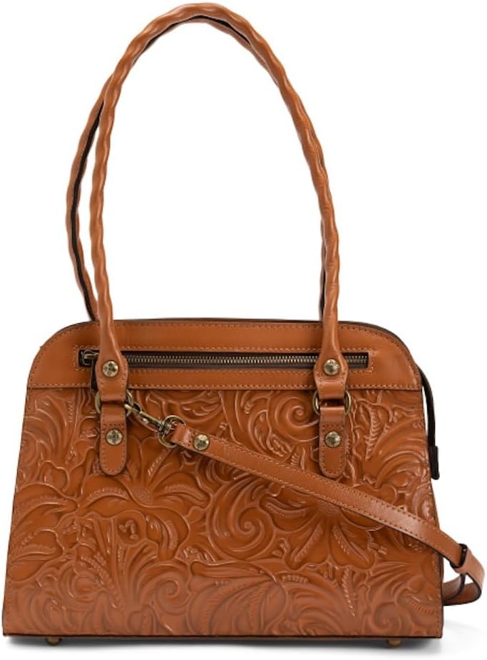 Patricia Nash Calvi Leather Satchel with Crossbody Strap, Cognac Tooled, 12.5 x 9.5 Inches, Twisted Rope Handles