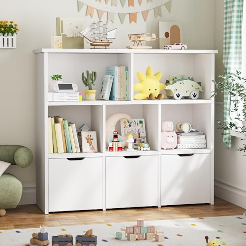 Teckid Kids Bookshelf and Toy Storage, Toy Organizer with 3 Movable Drawers and 5 Open Cubbies, Toy Storage with Hidden Wheels, Kids Toy Storage Organizer for Playroom, White