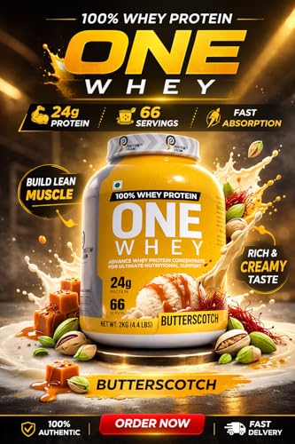 Image of PROTEINFARM ONE WHEY Protein Powder | butterscotch, 2KG | Blend of Whey Concentrate, Whey Isolate) | 24g Pure Protein Per Scoop | BCAA for Quick Muscle Recovery