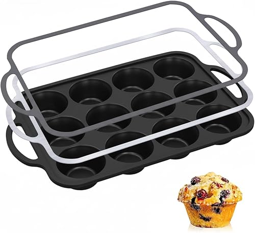 Molde de silicona para magdalenas con marco de metal, molde antiadherente para hornear 12 tazas para magdalenas y magdalenas, apto para lavavajillas