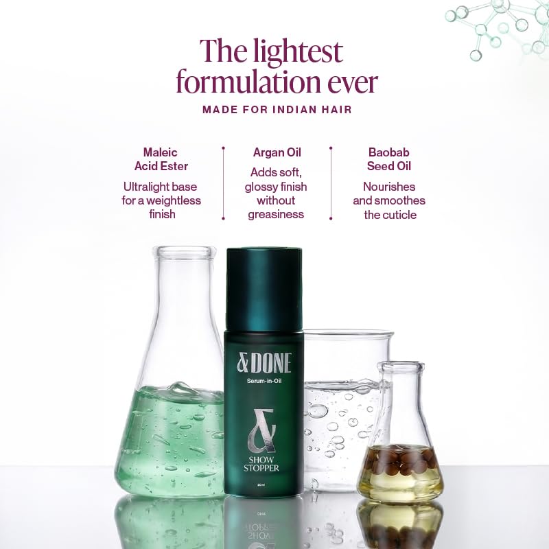 Image of &Done Showstopper Ultralight Serum-in-Oil For Wet & Dry Hair | Argan Oil & Baobab Oil Infused | Frizz Reduction & Styling Serum Suitable For All Hair | Reduces Frizz, Adds Shine & Smooths Hair- 30 ml