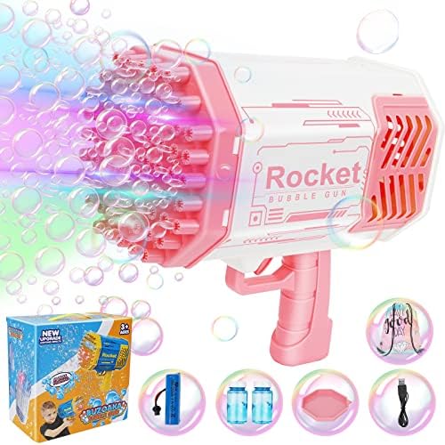 69 Holes Bubble Machine Gun with Lights & Bubble Solutions, Bubble Gun Bubbles Maker Blaster Blower for Toddlers Boys Girls Age 3 4 5 6 7 8 9 10 Year Old, Toy Gift for Birthday Wedding Party -Pink