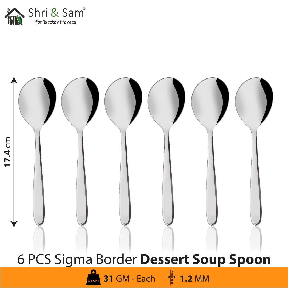 Shri & Sam Stainless Steel Sigma Border Desert Soup Spoon, 6 Pieces, 28 Cm 1