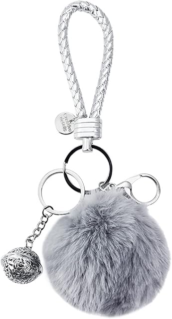 SNAGAROG Pom Pom Keychain Fluffy Car Keyring Pom Pom Keyrings Artificial Fur Ball Keychains Fluffy Keychain Faux Fur Balls Keyfob with Pretty Silver Bell for Car keychain Backpack Accessories, Grey
