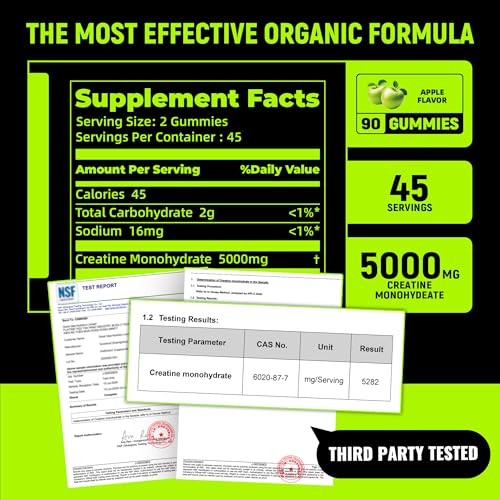 Image of NSF Certified Creatine Gummy - Creatine Monohydrate Gummies 5g for Men & Women - Boost Focus,Strength, and Endurance, Vegan, Gluten-Free, Non-GMO, 2.5 Gram Creatine per Gummy (Apple 90 ct)