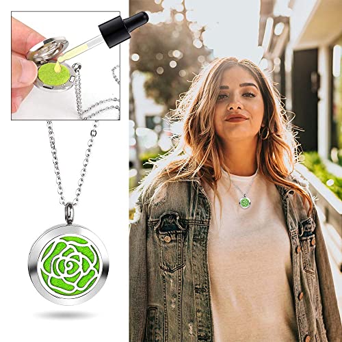 Aromatherapy Essential Oil Diffuser Necklace With Rose Pattern - 25Mm Adjustable 316L Stainless Steel Perfume Pendant Locket With 11 Color Refill Pads #TOP1