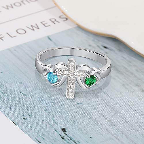 Lovejewelry Personalized Cross Rings for Women with 2 Simulated Birthstones Meaningful Mother Daughter Name Promise Rings Mothers Day Rings for Mom Grandma4