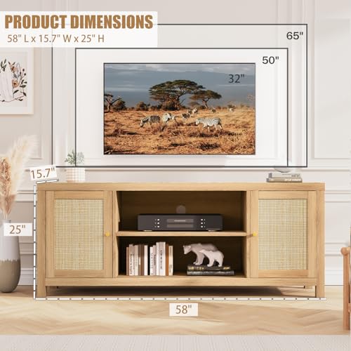 Rattan 65-Inch TV Stand - Boho Media Console with Storage Shelves for Living Room and Bedroom