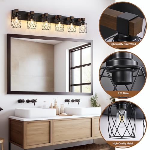 Image of Farmhouse 6-Light Wood Bathroom Vanity Light, Black Metal Cage Shade | Mounted Over Mirror, Industrial Rustic Style, Ideal for Bathroom, Bedroom, Hallway & Living Room, Easy To Install