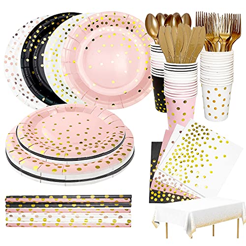161Pcs Rose Gold Party Supplies, Gold Party Supplies Set, Black and Gold Party Supplies, Pink and Gold Party Supplies Set Serves 20, for Graduation, Birthday, Wedding, Parties, Baby Showers