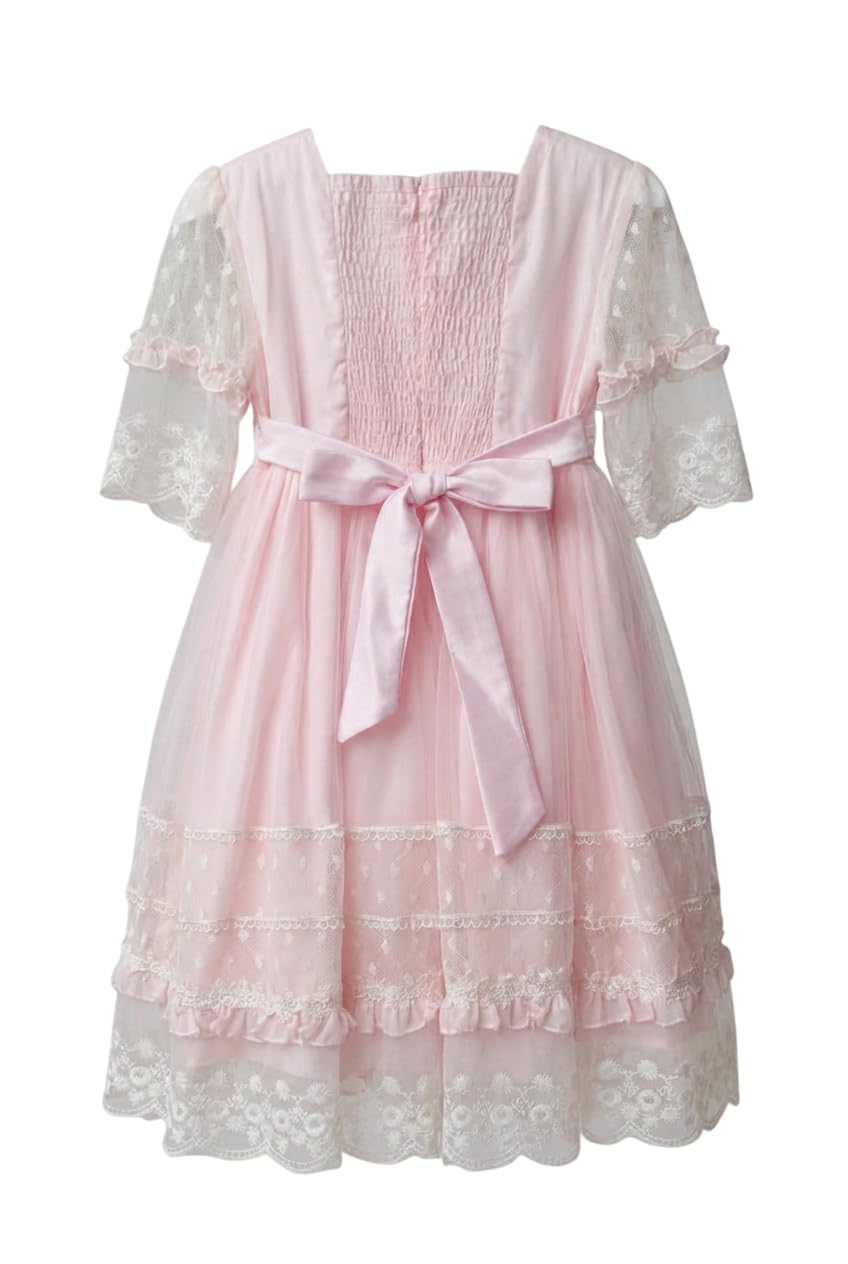 Vestido Rosa de Encaje con Mangas Transparentes Bordadas para bebés y niñas, Ideal para Bodas y Fiestas