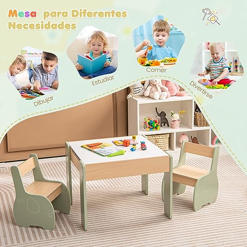 Miniatura 3 de COSTWAY 4 en 1 Juego de Mesa y Silla Infantil, Mesa Infantil de Madera con 2 sillas, Manualidades, Dibujo, Lectura, Mesa Escritorio Infantilcon Almacenaje, Pizarra Desmontable para Guardería (Verde)
