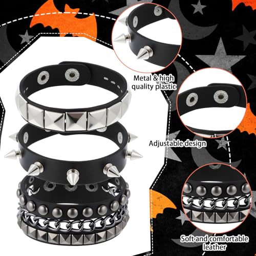 3 Piece Punk Rock Studded Bracelets Black Spiked Leather Cuff Bracelet for Men Women Adjustable Goth Bracelets 80s Retro Style Wristband Halloween Party Accessories3
