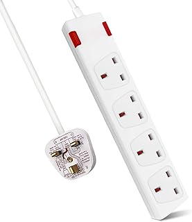 ExtraStar 4 Way Extension Lead 5M in White, 13A Fused Power Strips 3120W UK Plug with Indicator Light, Wall Mounted Mains Extension Cord with Multi Sockets for Home,Office,Dorm