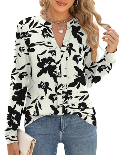 Cuptacc Camisas Mujer Manga Larga Elegante con Pliegues Y Flores Blusa Mujer Otoño Casual Camisetas Túnica Albaricoque Negro Floral, Small S 36