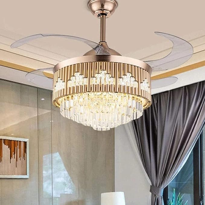 BASLASH Crystal Ceiling Fans with Lights Retractable Blades Remote Control Modern Luxury LED Chandelier Fan 3 Speeds 3 Color Changes Lighting Fixtures