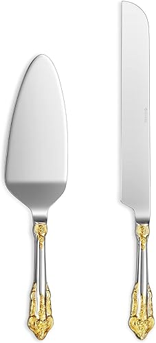 KEAWELL Magnífico juego de cuchillos y servidor para pastel de boda, acero inoxidable 1810, juego de corte de pastel de lujo fino (acento dorado)